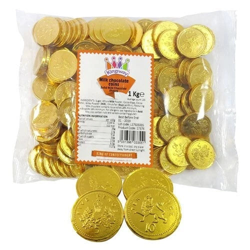 1kg Bag Large Milk Chocolate Gold Foiled MONEY COINS Party Bag Wedding Favours