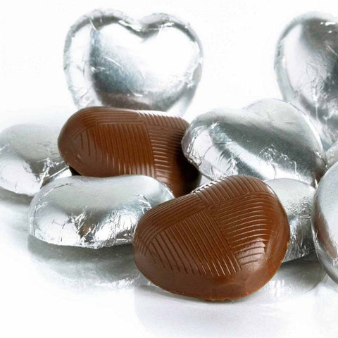 Milk Chocolate SILVER LOVE HEARTS FOIL WRAPPED Weddings Valentines Parties